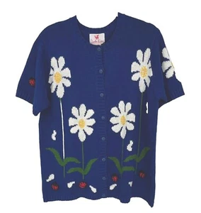 Quacker Factory Vtg Cardigan Sweater Short Sleeve Ladybug Daisy Sz M Blue Garden - Picture 1 of 18