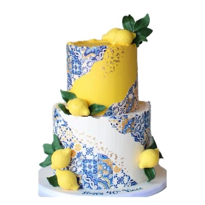 Papel comestible - azulejo azul y amarillo limón patrón continuo 8”x10” papel glaseado Foto 1 de 2