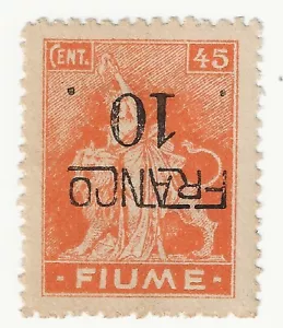 1919 Fiume - 10 su 45 c. arancio soprastampa FRANCO 10 capovolta carta C MH* - Bild 1 von 1