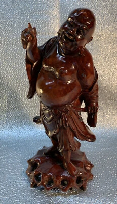Buddha Statuette 11” Chinese Vintage Wood Standing Smiling - Image 1 of 4