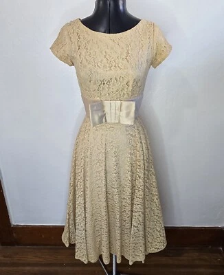 Vintage Satin & Lace Dress Big Bow Champaign Wedding Dress Ivory  - Image 1 of 4