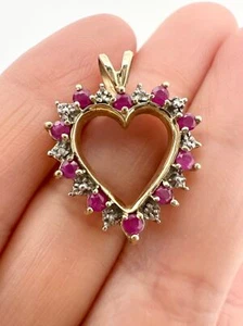 10k Yellow Gold genuine ruby diamond open heart pendant - Picture 1 of 5