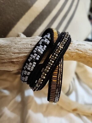 Nuevo Brazalete Stella & Dot Emma Triple Envoltura Oro Plata Blanco Cuentas Banda Negra Foto 1 de 4