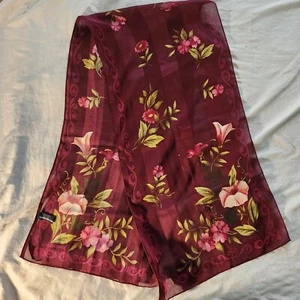 Jones New York Pink Green Floral on Maroon Base Color Ladies Scarf 56" x 13.5" - Picture 1 of 5