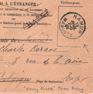 FRANCE Cover BELGIUM Super *NAMUR MANDATS* Cancel Rare 1901 CDS {Tom Pring}XD62 - Image 1 of 4