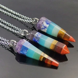 7 CHAKRA Natural Gemstone Layered Pendulums Pendant Necklace Crystal Healing - Picture 1 of 10