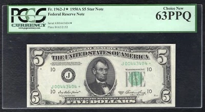 FR. 1962-J* 1950-A $5 *STAR* FEDERAL RESERVE NOTE KANSAS CITY, MO PCGS UNC-63PPQ - Image 1 of 2