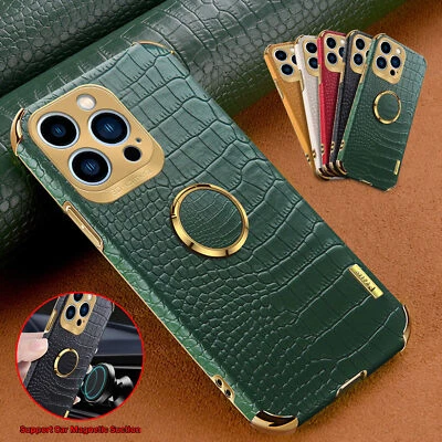 For iPhone 15 Pro Max 14+ 13 12 Magnetic Ring Case Crocodile Leather Phone Cover - Image 1 of 4