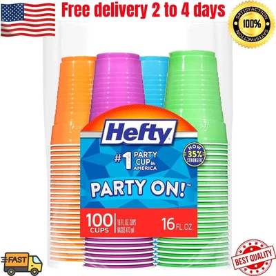 Hefty Party On Disposable Plastic Cups, Assorted, 16 Ounce, 100 Count