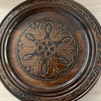 Vintage 1962 Polish Wooden Plate w/ Brass Wire Inlay Rare 15.25” Poland - Image 1 of 4