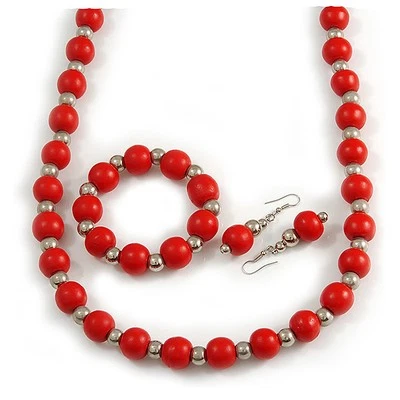 Juego largo de cuentas de madera y acrílico en rojo/plata/70 cm de largo Foto 1 de 4