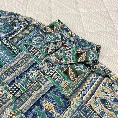 Coral Reef Hawaiian Shirt Mens XL Teal Blue Fish Mayan Aztec Beach Cotton USA - Image 1 of 4
