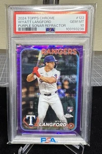 2024 Topps Chrome Wyatt Langford Viola Sonar Rifrattore /275 RC PSA 10 Rangers - Foto 1 di 2
