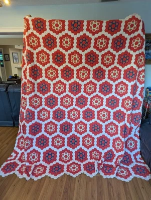 Vintage  King Size Flower Garden Quilt.  Hand Quilted & Hand Pieced.  111”x 100” - Image 1 of 4