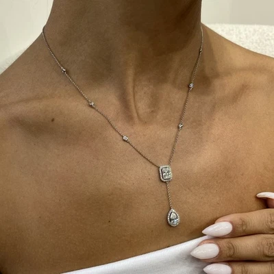 Diamond Lariat Necklace VS2 F Mix Shape 2.1 Ct Lasso Lab created 14K White Gold - Image 1 of 4