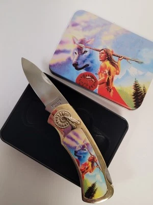 Индийский с белым волком из нержавеющей стали складной замок лезвие карманный нож с металлической коробкой. - Изображение 1 из 4