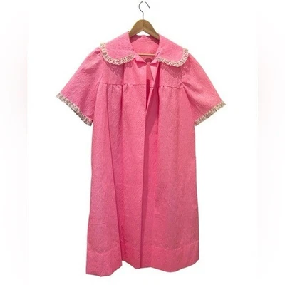 Abrigo de casa vintage hecho a mano rosa manga corta ribete de encaje talla grande Foto 1 de 4