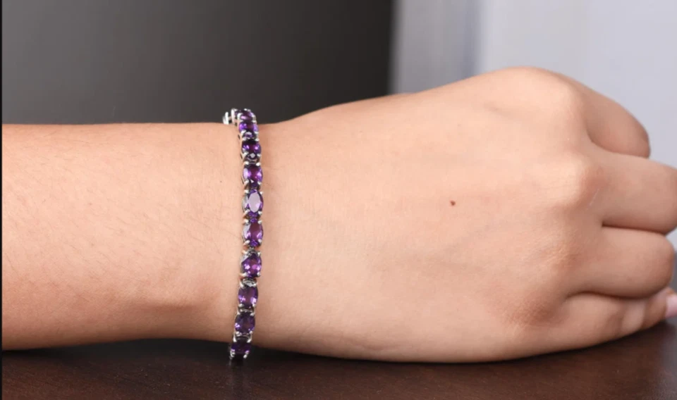 Brazalete de tenis ovalado amatista púrpura natural platino sobre plata de ley 6,5 pulgadas Foto 1 de 4