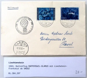 1960 Brief Ballonflug RAPPERSWIL - GLARUS Liechtenstein Frankatur Stempel VADUZ - Bild 1 von 3