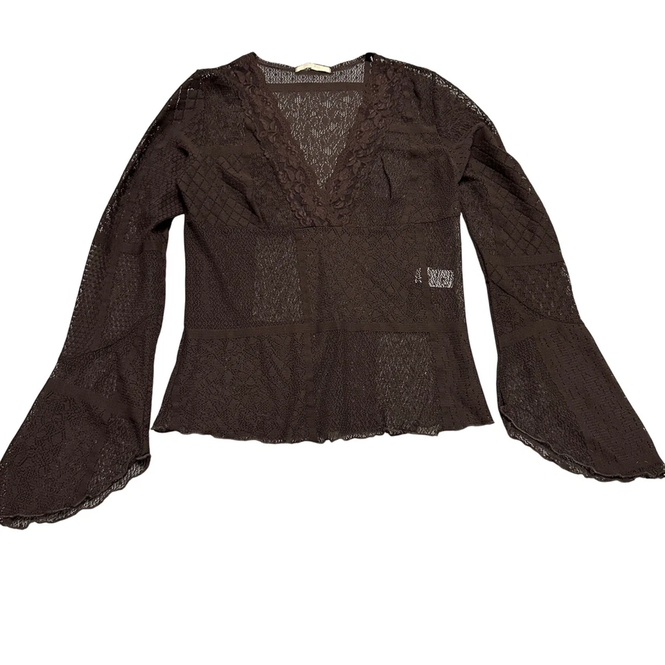 Y2K FairyGrunge FOREVER21 Women Brown Lace Sheer Bell Sleeve Patchwork Top Large - Image 1 of 4