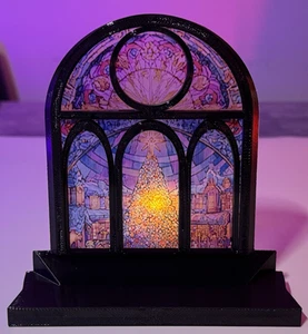 Christmas Stained Glass Mini Window 5" LED Flicker Light Holiday Decor Gift - Picture 1 of 3