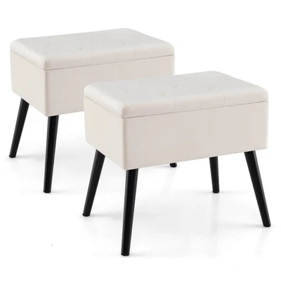 2PCS Vanity Stool Footrest Tufted Flip Top Velvet Storage Ottoman w/Wood Legs - Image 1 of 4
