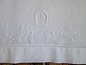 Antike französische bestickte Leinen Kissenhülle "Q" Monogramm weiß Hohlsaum LESEN - Bild 1 von 11