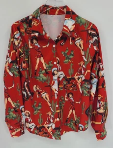 Women's Medium Novelty Western Cowgirl Print Button Up Shirt Red Cactus Retro - Picture 1 of 12