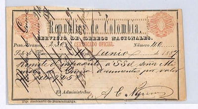 Sello Carta Asegurada COLOMBIA República BUCARAMANGA CUBIERTA 1887 Raro GO19 WX91 Foto 1 de 4