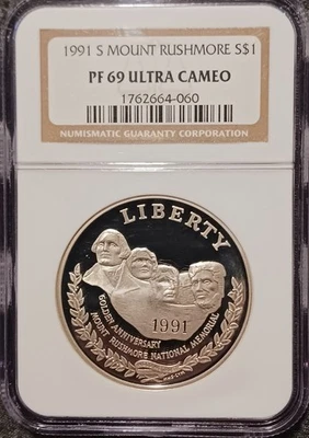 1991 S Mount Rushmore Silver Dollar $1 PF 69 Ultra Cameo, NGC - Image 1 of 4