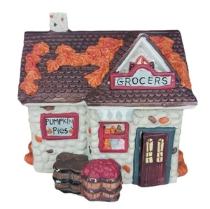 Vintage Keramik Dorf Markt beleuchtet Herbst Weihnachtsdeko Blätter Kürbisse - Bild 1 von 14