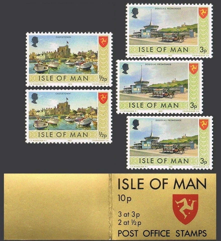 Isle of Man 12 x2, 17 x3 in a booklet, MNH. Castletown, Douglas Promenade. 1973. - Image 1 of 1