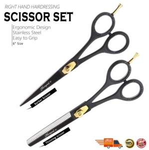 Set Forbici Forbici Diradamento Capelli Parrucchiere Professionali Rivestimento Nero - Foto 1 di 10