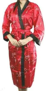 Mens Womens Kimono Bath Robe Red Satin Silk Dressing Night Gown Yukata Sleepwear - Picture 1 of 3