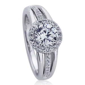 9.5mm Platinum Plated Silver 1ct CZ Halo Three Row Wedding Engagement Ring - Picture 1 of 3