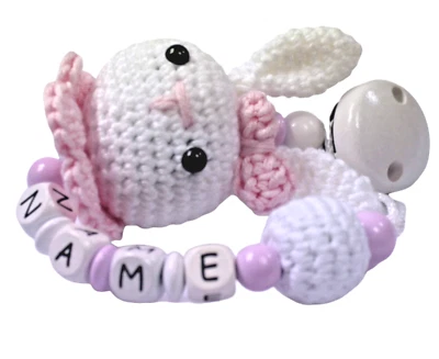 Schnullerkette mit Namen Hase Amigurumi Mädchen Babygeschenk Babyparty - Bild 1 von 4