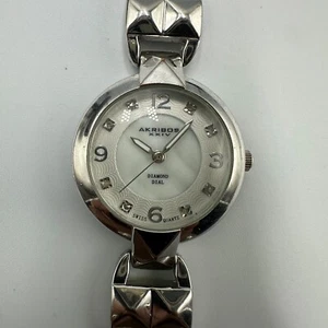 Akribos XXIV Watch Women Silver Tone Diamond Dial Swiss Quartz New Battery 6.75" - Picture 1 of 12