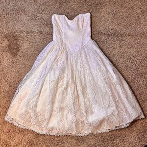 Vtg Jessica McClintock Gunne Sax Peach Pink & White Lace Strapless Dress  7 - Picture 1 of 5