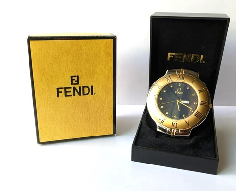 Fendi Orologi Desk Mantel Travel Clock Watch 900C Black Gold Cover