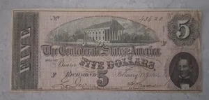 1864 $5 Confederate States of America Five Dollar Bill Civil War Richmond Note - Picture 1 of 2