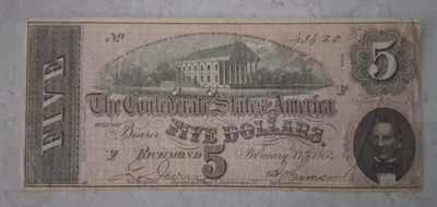 1864 $5 Confederate States of America Five Dollar Bill Civil War Richmond Note - Image 1 of 2