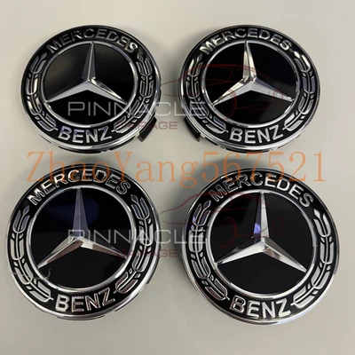 SET OF 4 Mercedes-Benz Classic Black 75MM Wheel Rims Center Hub Caps AMG Wreath - Image 1 of 2