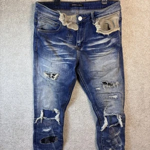 Verzierte Jeans Herren 32 Blau Denim Distressed Thrashed Designer Skater Grunge - Bild 1 von 12