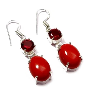 Pendientes enchapados en plata de piedras preciosas simuladas granate coral rojo joyería 1,5 a38 - Imagen 1 de 4