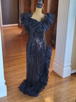 Alyce Designs Vintage 80s Black Sequined Full Length Formal Size 12 - Image 1 of 4