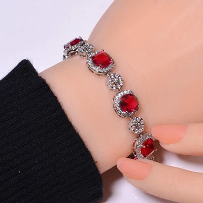 Ruby & CZ Simulated 925 Sterling Silver Tennis Bracelet 8.99" B4, Christmas Gift - Image 1 of 4