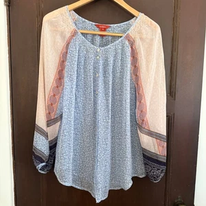 Blusa Blusa SUNDANCE Azul y Rosa 100% Seda Boho Estampado Mixto Gasa Mediana - Imagen 1 de 9