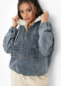 Boohoo Petite Borg Lined Denim Hoodie Mid Blue US8 UK12 NWT - Picture 1 of 5