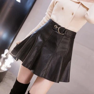 Ladies Skirts Faux Leather High Waist A-Line Mini Skater Flared Black Party Club - Picture 1 of 11