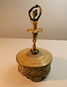 Vintage Feathered Enamel/Bronze Ballerina Music Velvet Lined Trinket Box - Picture 1 of 12